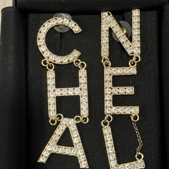 Crystal Cha-Nel Logo Drop Earrings Gold - Picture 4 of 7